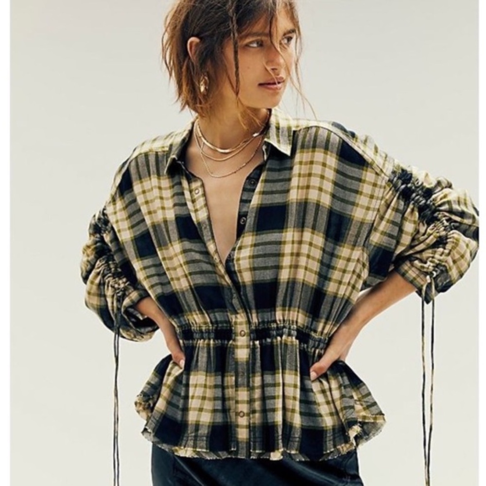 Free People We The Free Pacific Dawn Plaid Peplum Snap Buttonwdown - Picture 3 of 16